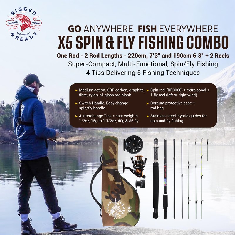 Rigged & Ready X5 Fishing Rod Combo with 2 Reels & Case – Super Compact, Multi-Functional Travel Rod – 1 Rod = 5 Fishing Techniques (Spin, Float, Feeder, Fly & General Freshwater/Saltwater)