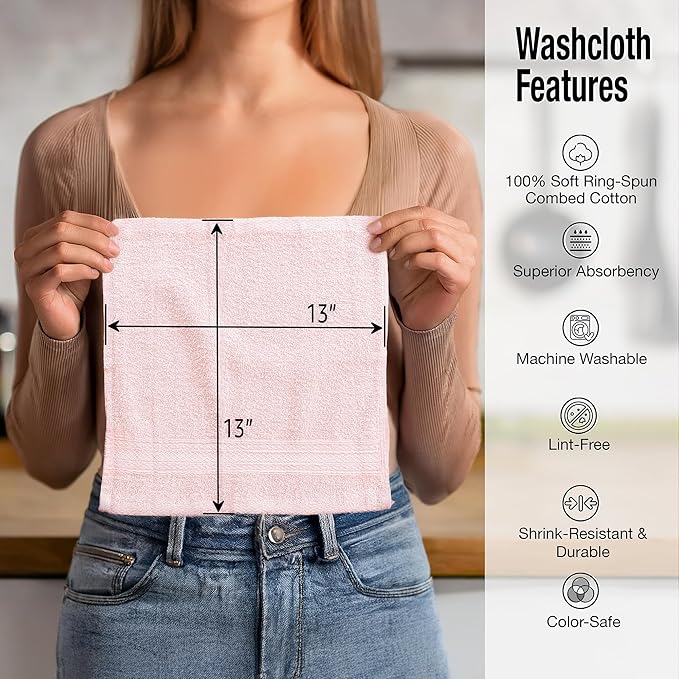Luxurious Washcloths – Set of 12 – Size 13” x 13” – Thick Loop Pile Washcloth –
