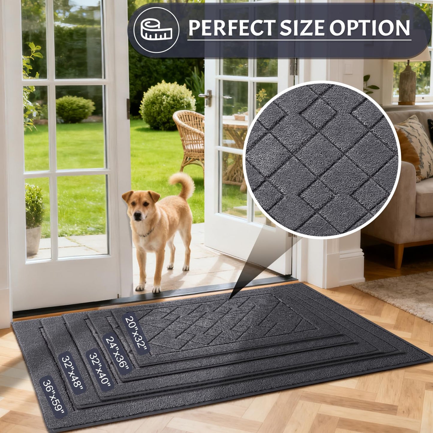 REFETONE Dirt Trapper Door Mat 20" x 32", Washable Indoor Doormat Rubber Backing Non Slip, Resist Dirt and Absorbent Entrance Mat, Low Profile Inside Floor Mats for Front Back Door and Entryway, Grey