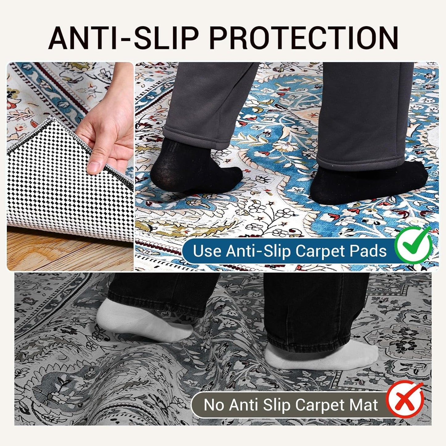 Non Slip Rug Pad Gripper for Hardwood Floors, 3x5 FT Anti Slide Rug Underlay, Eco Safe Odor Free, Cushioned Floor Protector, Cut-to-Size Multi-Purpose Pad
