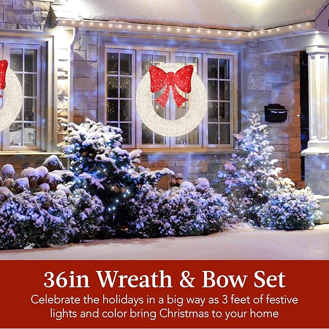 Best Choice Products 36in Pre-Lit Outdoor Christmas Wreath Decoration, LED Metal Holiday Decor for Home w/ 120 Lights, Bow - White/Red