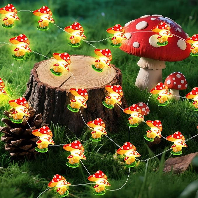 Mushrooms Decor String Lights, 16 ft 50 LED Battery Operated Fairy Lights Cute Mushroom Lamp for Bedroom Indoor Outdoor Lawns Garden Holiday Party Decorations (1 Pack)
