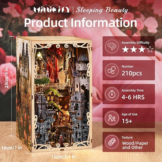 DIY Book Nook Kit for Adults 3D Wooden Puzzle Bookend Bookshelf Insert Decor with LED Light and Dust Cover (Sleeping Beauty)