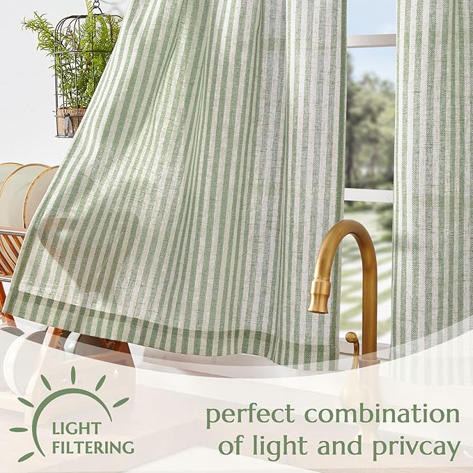 jinchan Striped Linen Kitchen Curtains 24 Inches Length Tier Curtains Farmhouse Modern Cafe Style Small Window Treatments Airy Light Filtering Rod Pocket for Living Room Bathroom 2 Panels Sage Green