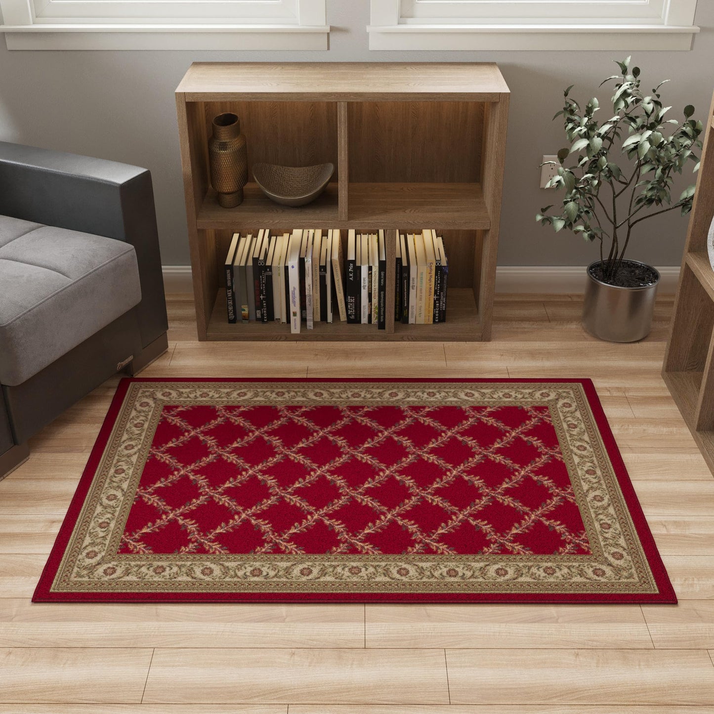 Ottomanson Accent Rug – Non Slip Low Pile Small Rug for Entryway, Bedroom, Bedside & Coffee Table Areas, 2'7" x 4', Trellis Red