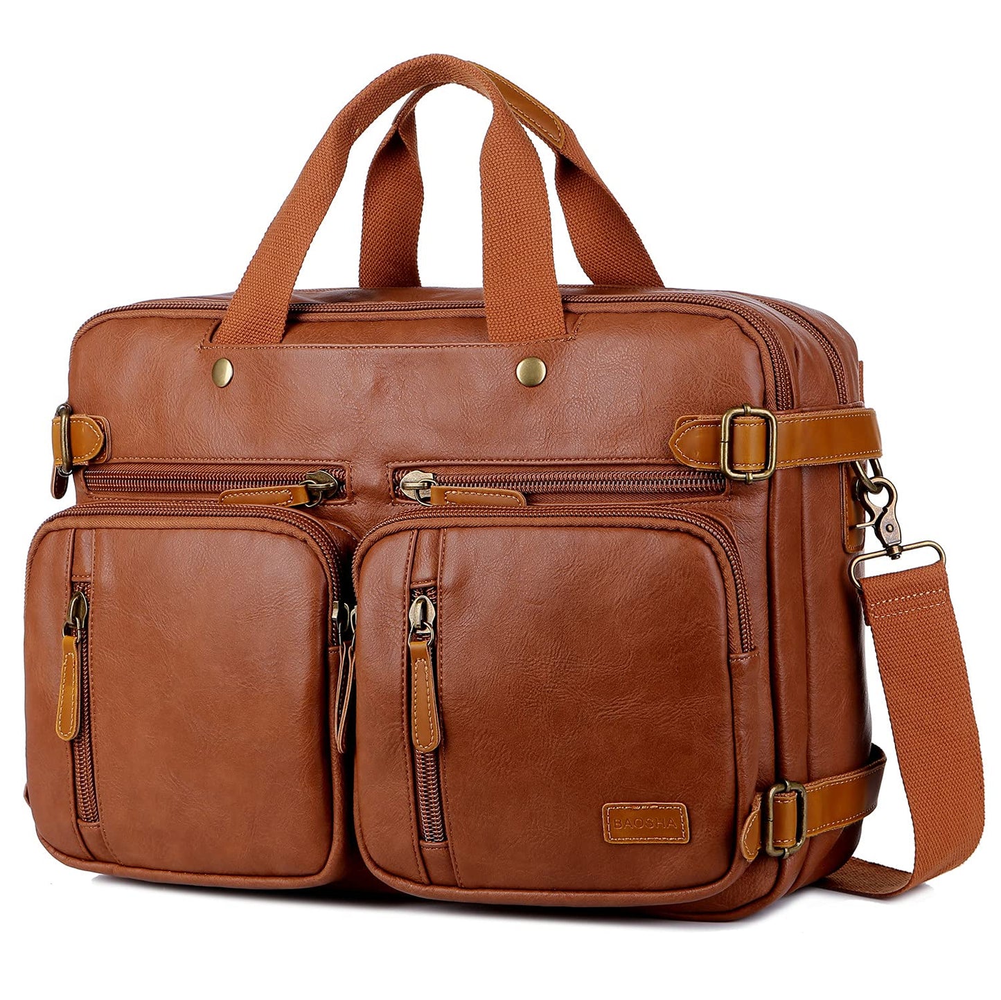 Men Vegan Leather Briefcase Backpack Hybrid 17 Inch Laptop Bag Case Business Messenger bag HB-22 (Brown)