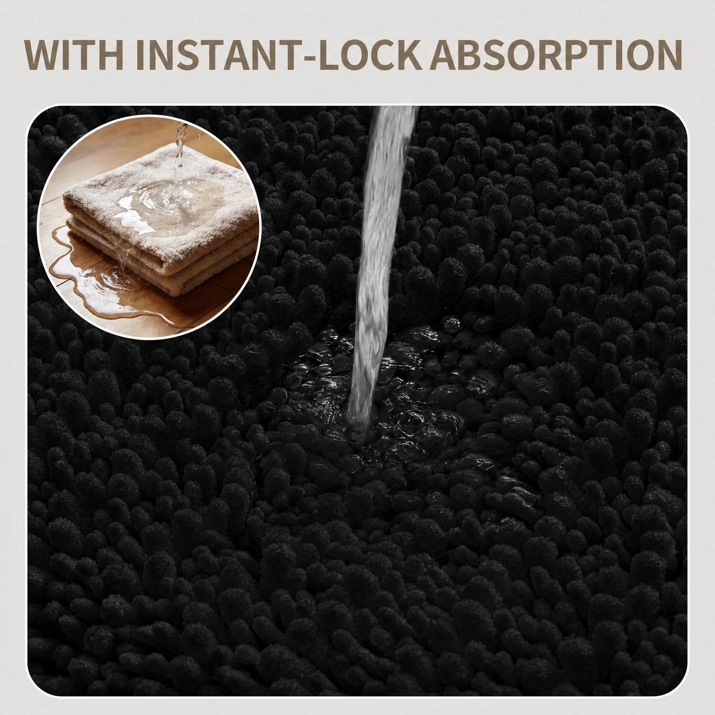 Ruggnovea Bathroom Rugs Non Slip Washable 32x20, Extra Thick Soft Chenille Absorbent Bath Mat, High Density Barrier Non Slip Backing, Quick Dry Plush Shaggy Floor Carpet for Tub&Shower, Black