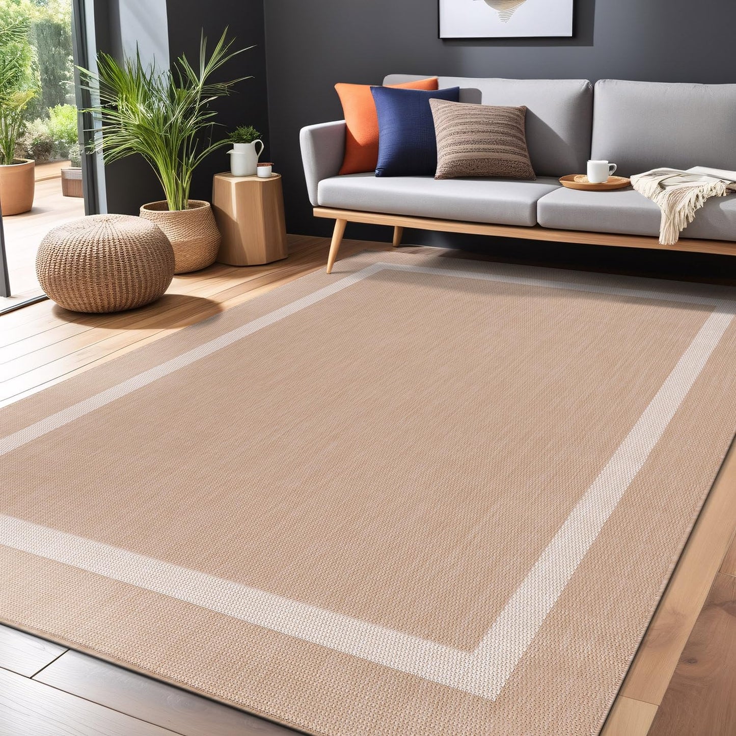 Luul Home Bordered Outdoor Rug 8x10 Washable Outside Carpet for Indoor Patio Porch Waterproof Easy Cleaning Non Shedding Area Rugs Beige 8 x 10