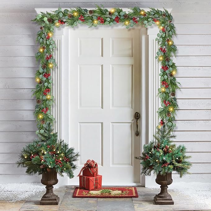 6FT Christmas Garland with Lights Artificial Pine Cypress Eucalyptus Garland with Red Berries Christmas Tips Cedar Garlands,Christmas Decorations Holiday Indoor Outdoor Winter Garland