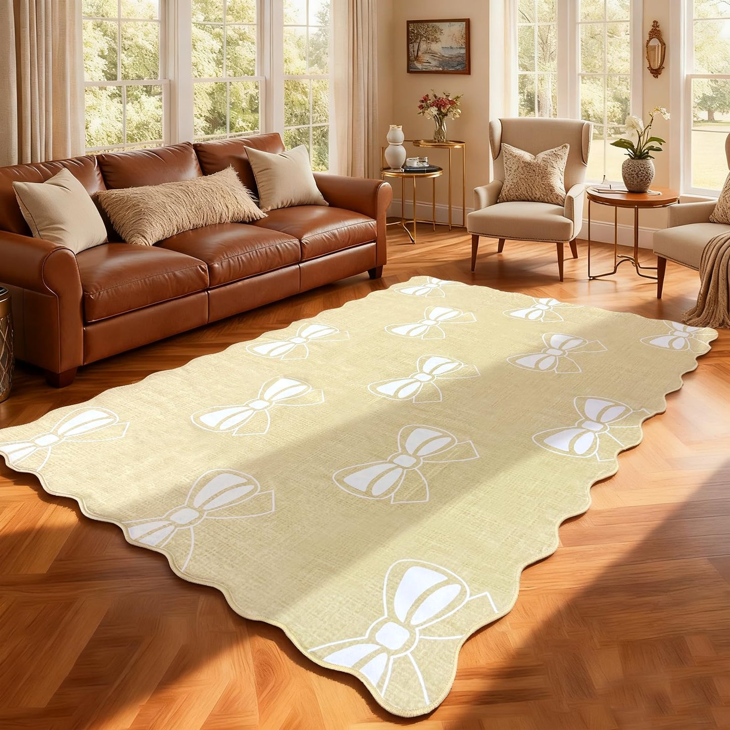 Bow Area Rug for Living Room, Soft Solid Low Pile Carpet for Dorm,Large Cute Washable Rugs 4x6 Soft Low Pile Non Slip Scalloped Rugs for Playroom College Bedroom Girls Room Decor