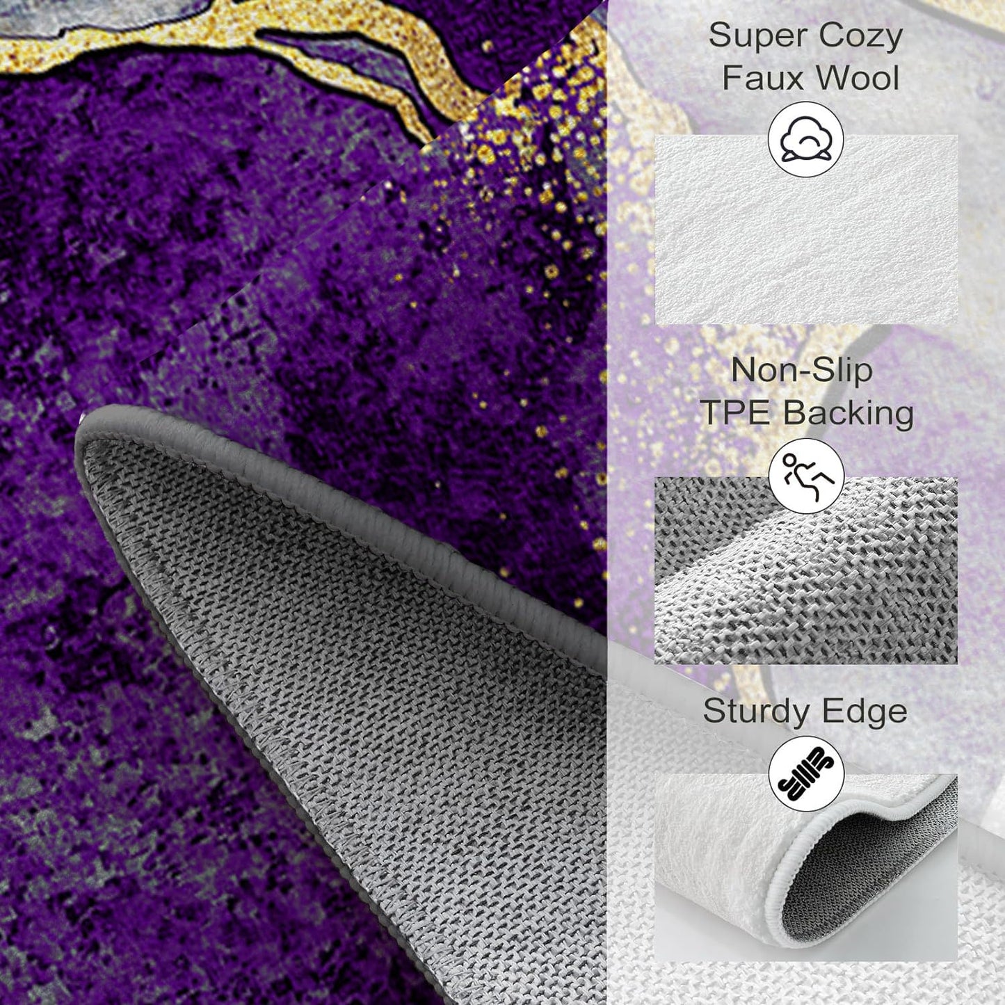 Azppsad Abstract Area Rug, Purple Gray Marble and Golden Pattern, Machine Washable Modern Non-Slip Rug, Home Decor Floor Carpet for Classroom Laundry Bedroom Living Room, 5' x 7'
