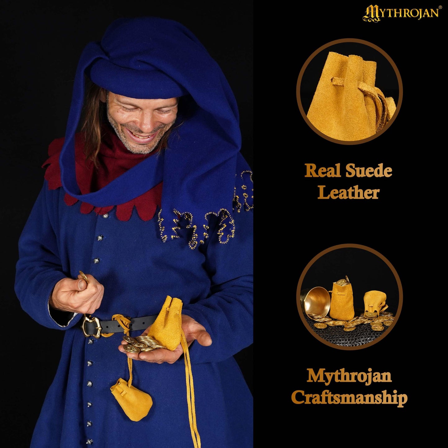 Mythrojan Small Trinket Pouches Pack of 4, Suede Leather Drawstring Coin & Dice Bags for LARP, SCA, Viking & Medieval Events Color : Yellow