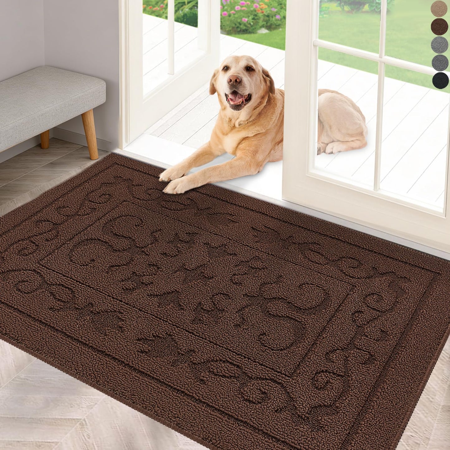 FONEYI Indoor Door Mat for Entryway 24" x 36", Absorbent Dirt Trapper Doormat with Non-Slip Backing, Low Profile Washable Entry Rug for Front Door, Muddy Shoes & Dog Paws, Coffee