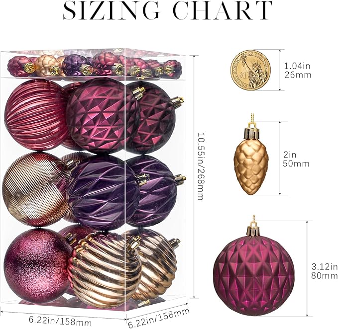 JORNOY Jewel Tone Christmas Tree Ornaments - 3.12inch/80mm Shatterproof Ornaments for Christmas Tree Set Plastic Decorative Hanging Balls Ornaments for Xmas Tree Decorations, 32ct (Jewel Tone)