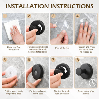 Ninth Five Suction Cup Hooks for Shower, Bathroom Wall Door Hooks for Towels, Robes, Loofahs Hanging, Removable Suction Towel Hook for Tile Glass Mirror, No Drill(4 Pack, Black)