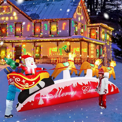 10 FT Christmas Inflatables, Santa Sleigh with Reindeer Christmas Outdoor Inflatables, LED Lights Blow up Inflatable Yard Decoration for Christmas, Long Xmas Inflatable Party Garden Lawn Home Decor
