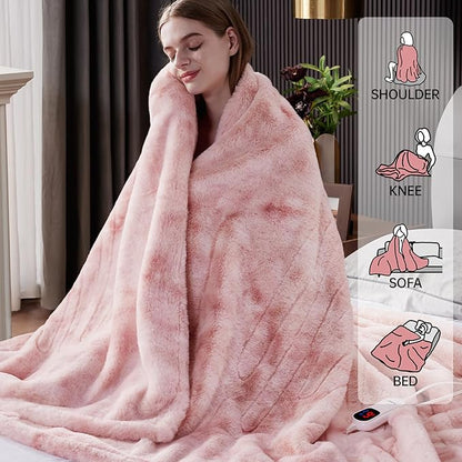Guohaoi Heated Blanket Electric Throw, Soft Faux Rabbit Fur Electric Blanket with 10 Heating Levels 5 Sitting Timer Auto Off, Cozy Warm Heating Blankets, Machine Washable(90"×100" Pink)
