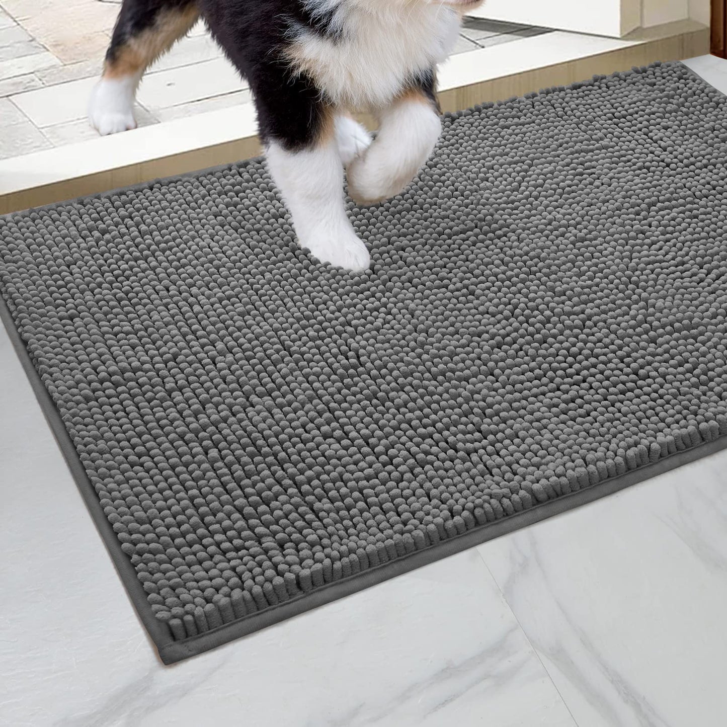 HOMEIDEAS Dog Door Mat for Muddy Paws 30x20, Absorbs Moisture and Dirt, Non-Slip Washable Doormat, Soft Chenille Mud Mat for Dogs, Entry Indoor Entryway Carpet for Outside Floor, Grey