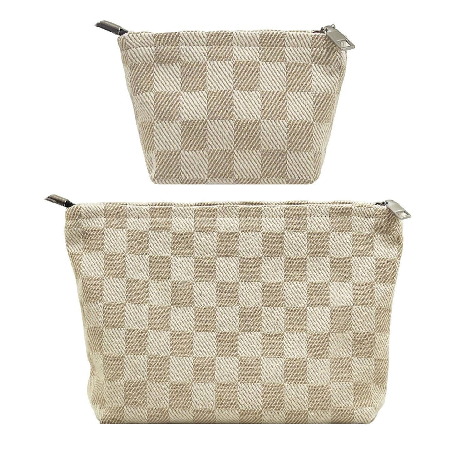 fahombag 2 Pcs Checkered Makeup Bag Set Canvas Cosmetic Pouch for Women Large & Small Cute Preppy Aesthetic Travel Toiletry Pouch Organizer for Purse Skincare Brushes, Khahi