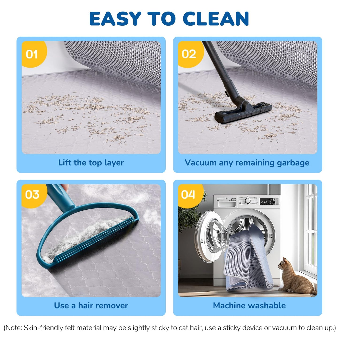 BurgeonNest Cat Litter Mat 47" x 35" Upgraded Felt & Fabric Material Cat Trapping Mat for Fewer Creases, Extra Large Hold 3-4 Litter Boxes Urine-Proof Non Slip, Machine Washable, Soft on Paws, Grey