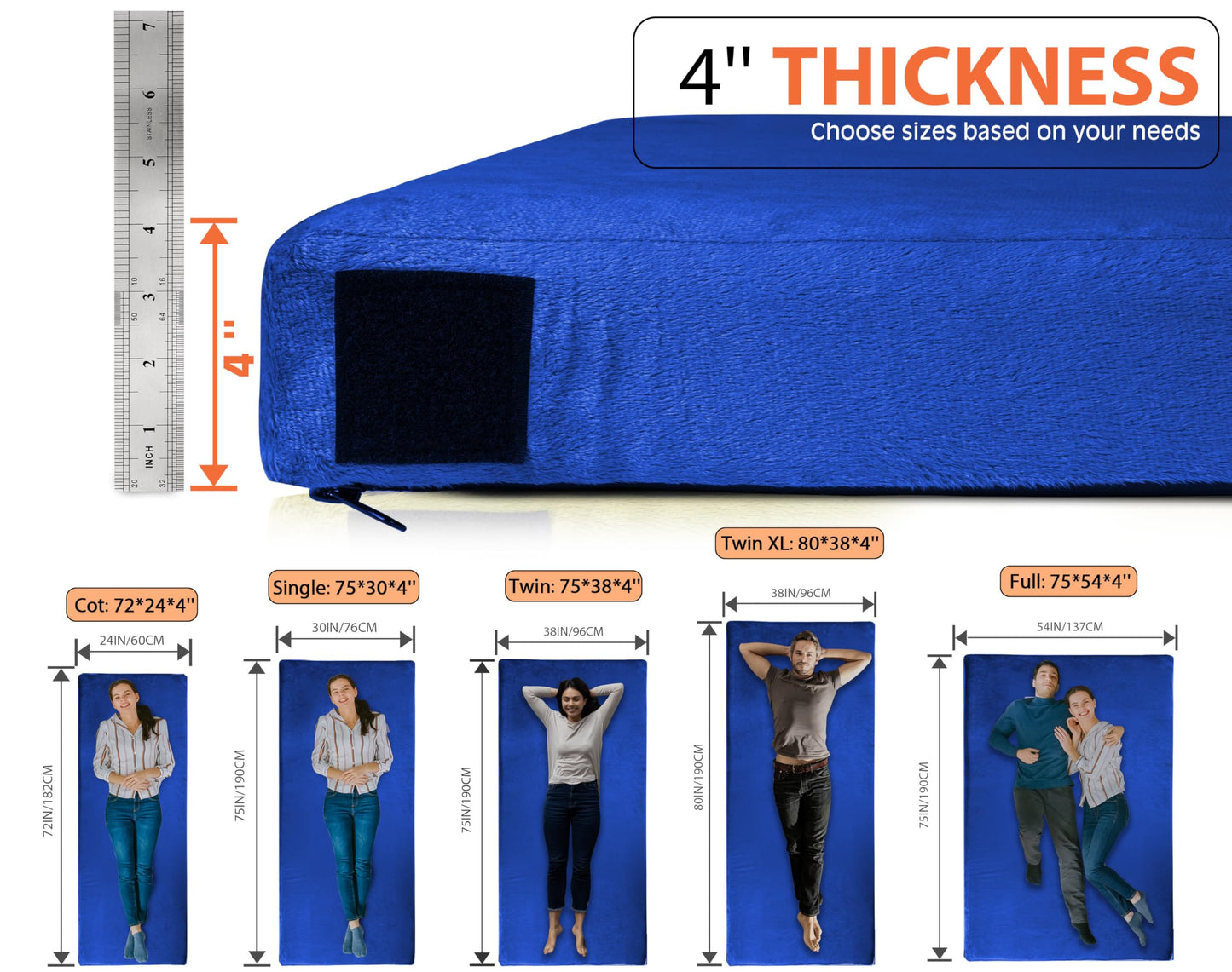 GAIALOOP 4 INCH Thick Memory Foam Camping Pad Futon Mattress, Portable Floor Sleeping Mat Sleepover Guest Bed Roll Up Mattress for Outdoor Extra Supportive for Side Sleepers [Single:75 * 30 * 4"]