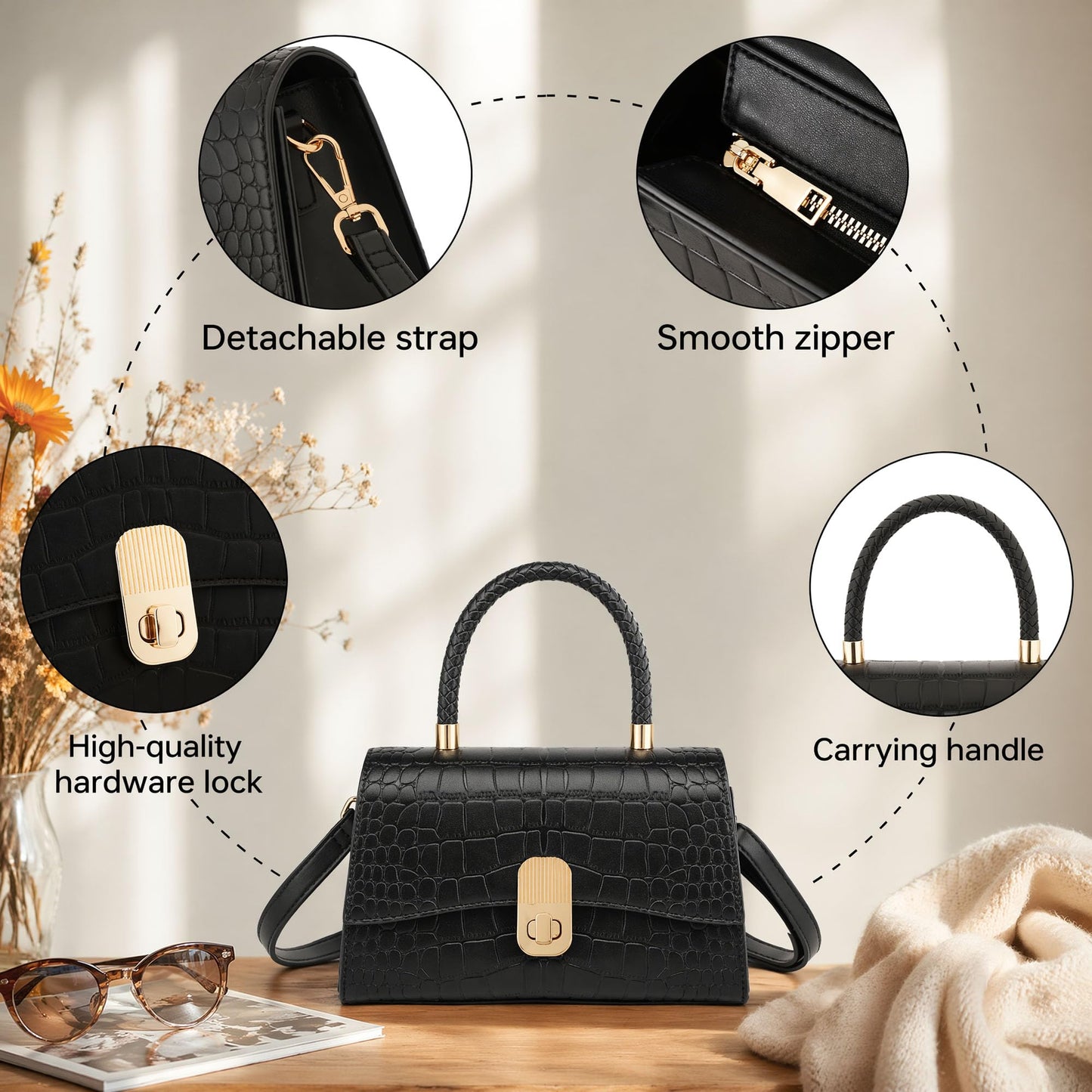 Goinsound Top Handle Bag for Women Small handbags Medium Square purses Designer Clutch with Detachable Strap Black