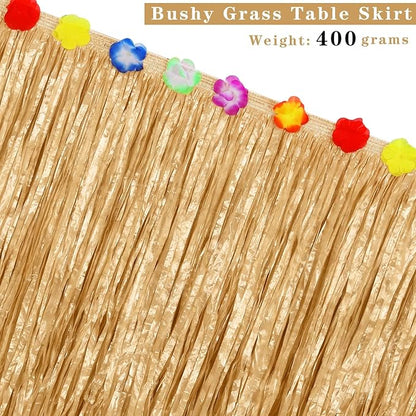Aodaer 4 Pack Thickened Grass Table Skirt Natural with Hibiscus Flowers 400g Hawaiian Luau Tropical Party Decor Fringe Party Decoration for Costume Tiki Tropical Hawaii Moana Birthday, Straw Yellow