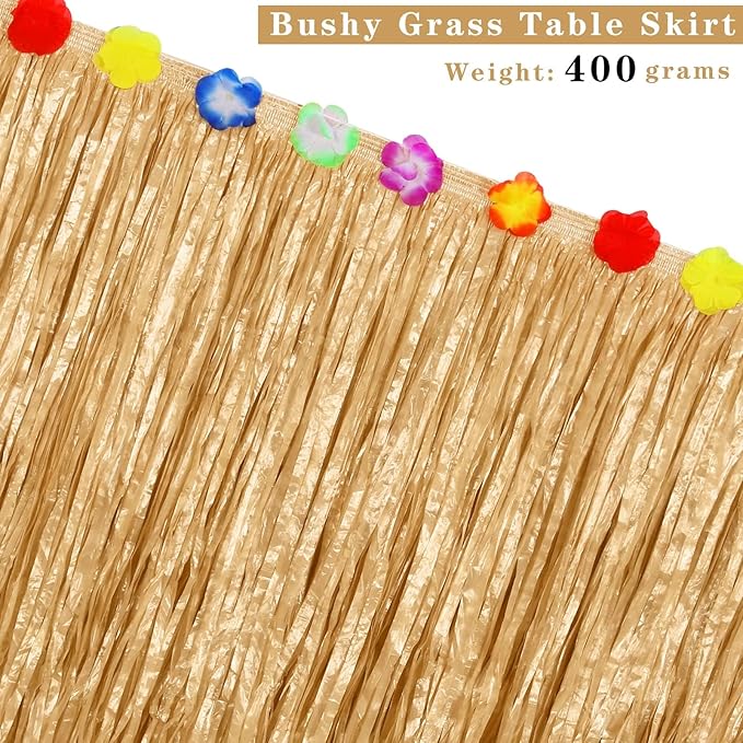 Aodaer 2 Pack Thickened Grass Table Skirt Natural with Hibiscus Flowers 400g Hawaiian Luau Tropical Party Decor Fringe Party Decoration for Costume Tiki Tropical Hawaii Moana Birthday, Straw Yellow