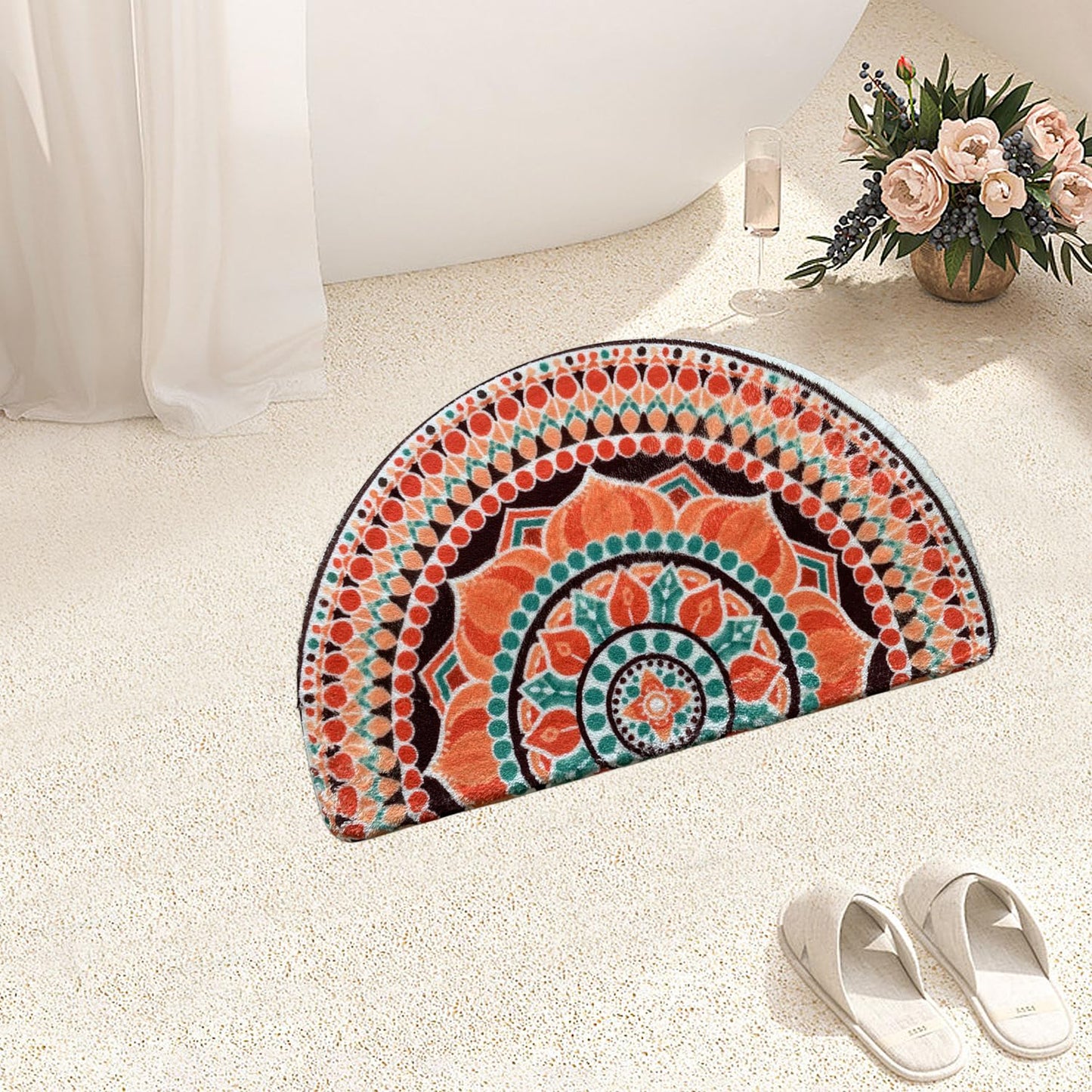 Mandala Semi Circle Doormat Bathroom Non-Slip Rugs Boho Half Moon Mat Bohemian Half Round Area Rug Semicircle Carpet Bath Room Floral Decor Floor Door Mats (Orange)