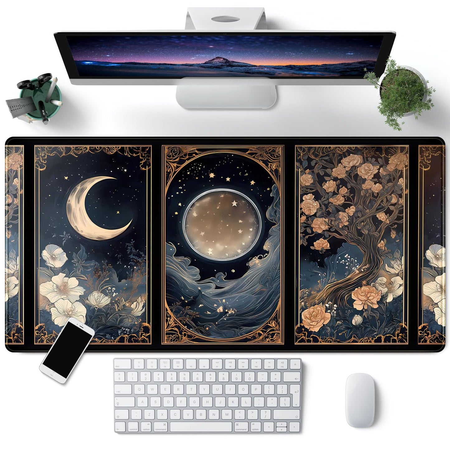 Celestial Lunar Nature Tarot Card Desk Mat Moon Floral Large Mouse Pad XXL 31.5''X 15.7'' Witch Night Botanical Desk Pad Gaming Mousepad Keyboard Mouse Mat for Laptop Computer Office Decor Gift