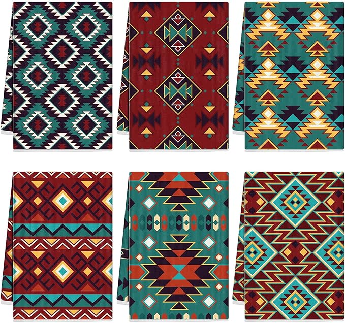 Set of 6 Western Aztec Kitchen Towels American Decorative Rustic Cloth