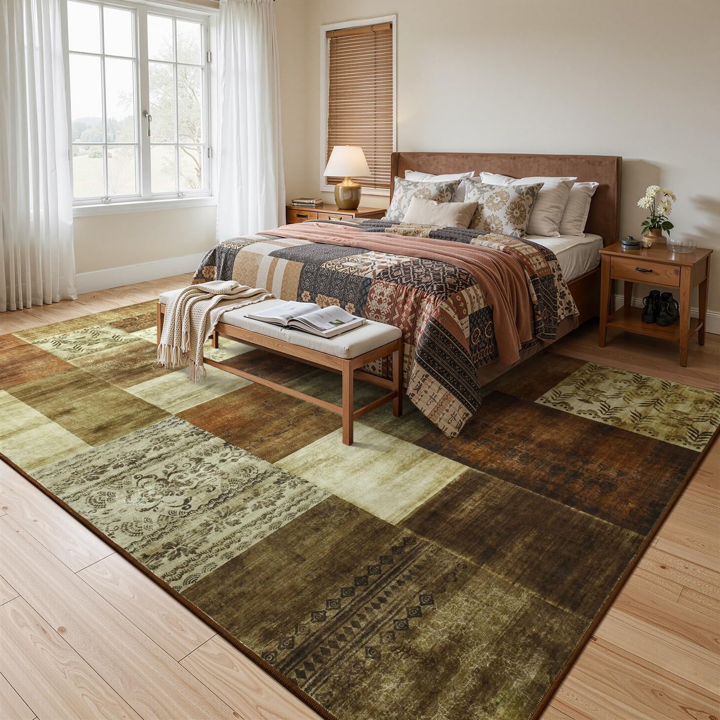 DweIke Washable Area Rugs 6x9 for Living Room, Large Modern Geometric Brown Soft Patchwork Carpet, Non-Slip Stain Resistant Throw Rug for Bedroom Dining Room Office Home Decor