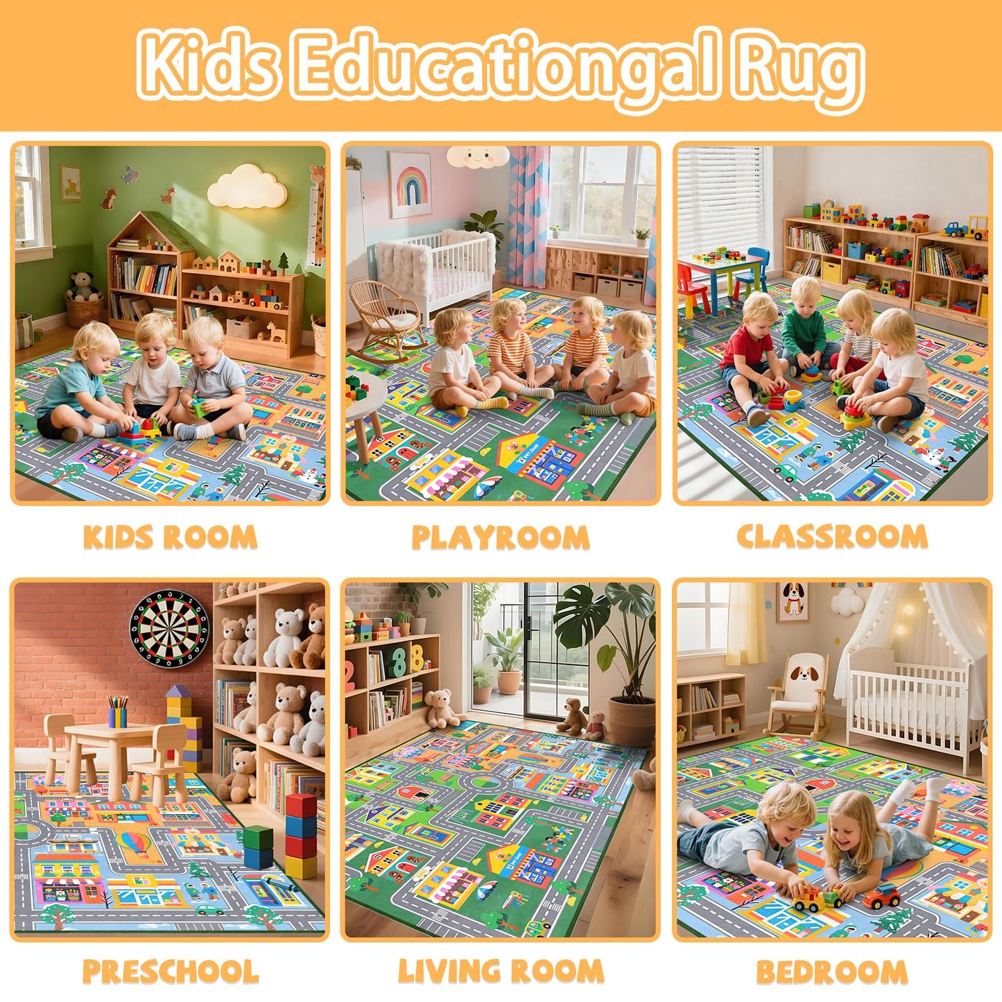 IWRJFQWR Car Rugs for Kids Room, City Life Kids Area Rugs for Bedroom Educational Learn Traffic Road Rug Decorate Nursery Toddler Classroom Preschool Living Room Playroom, 5x7 Feet