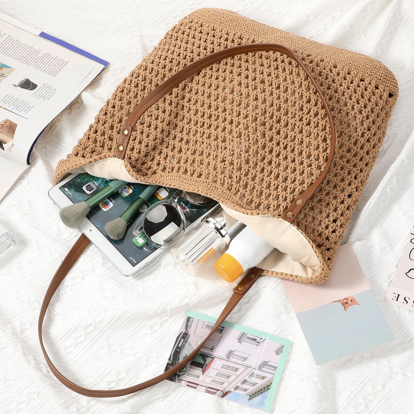 Pleneal Crochet Beach Bags for Women, Summer Beach Tote Bag, Soft Woven Shoulder Bags for Vacation