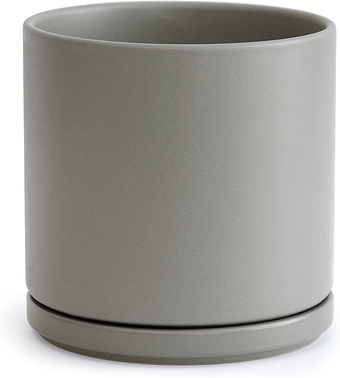 D'vine Dev 10 Inch Ceramic Planter Pot with Drainage Hole and Saucer, Indoor Cylinder Round Planter Pot, Grey, 94-O-E-3