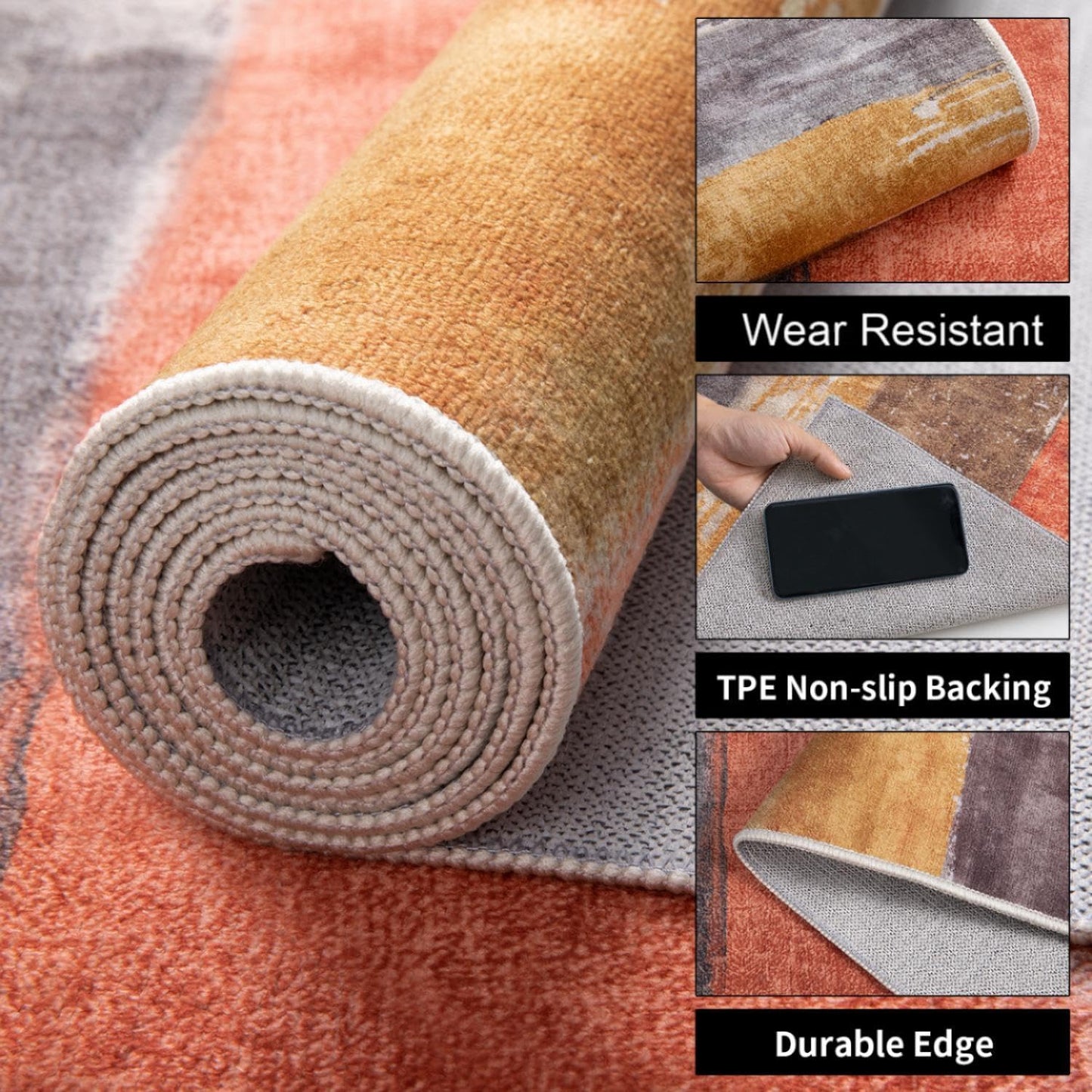 Ciicool Modern Abstract Rug for Living Room, 5'x7' Machine Washable Area Rug Non-Slip Rug, Low-Pile Contemporary Indoor Dining Floor Carpet for Bedroom Office Under Table Home Decor Red Yellow Gray