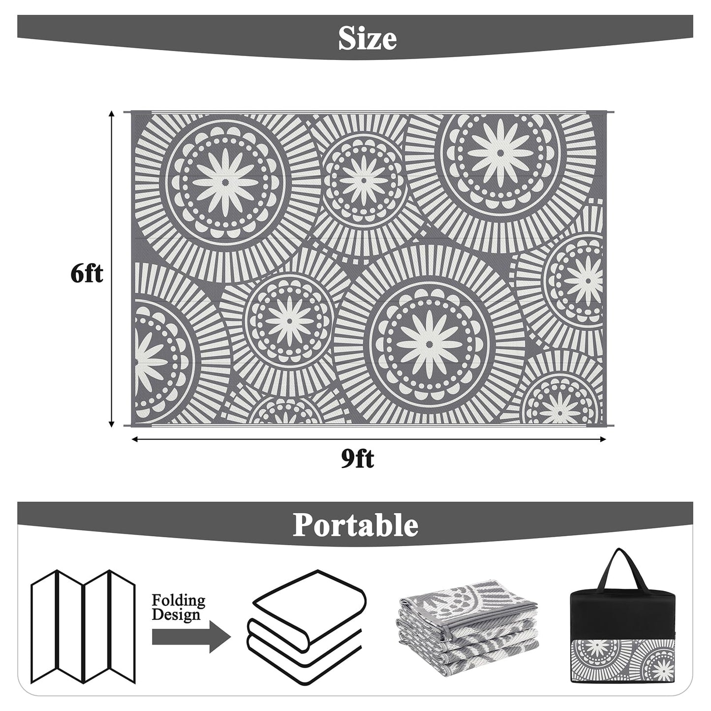 Ileading Outdoor Patio Rug Waterproof, Reversible Plastic Straw Mat, Grey Geometric Outside Carpet Quick Dry, Portable Area Rug for Deck Porch Balcony Camping RV (6×9 ft)