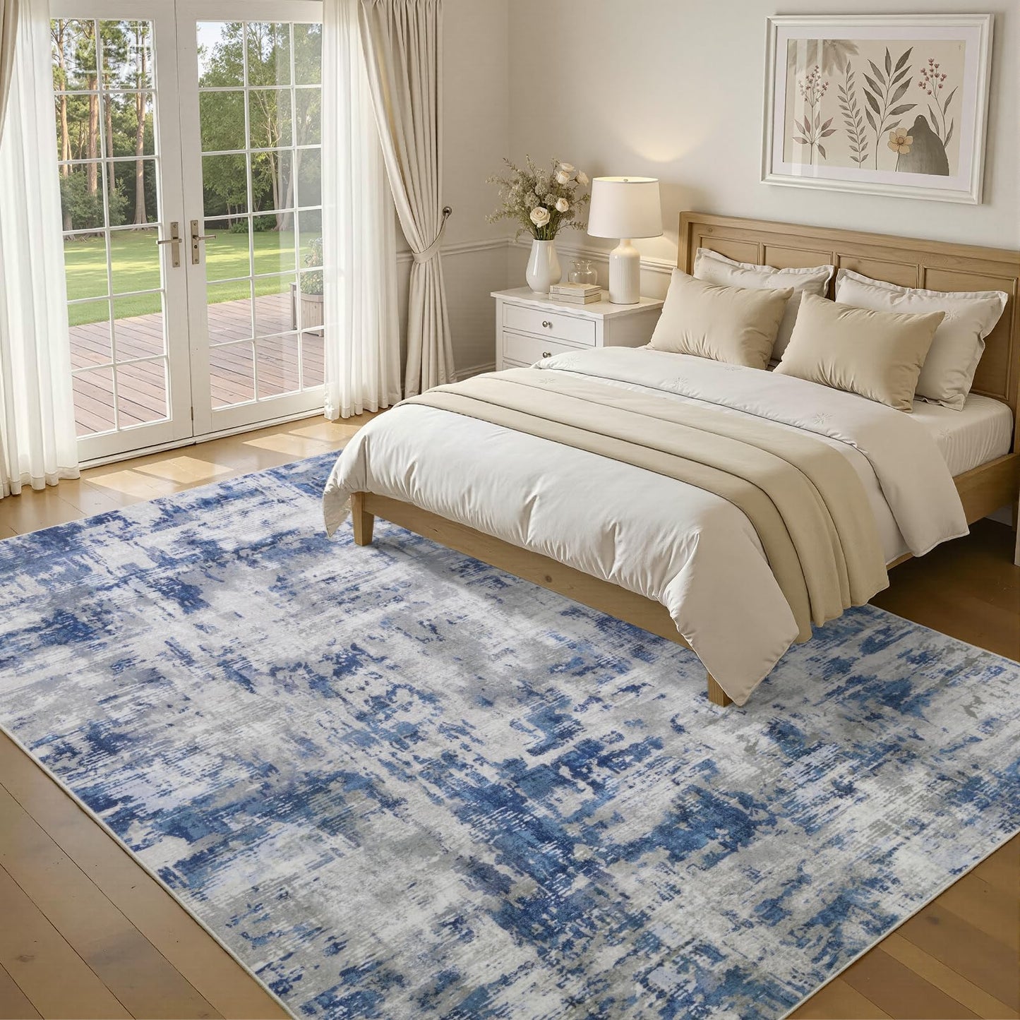 Groovoft 8x10 Area Rug for Living Room, Washable Modern Abstract Large Rug, Soft Low Pile Non Slip Indoor Floor Carpet for Bedroom Dining Room Home Office, Blue Grey