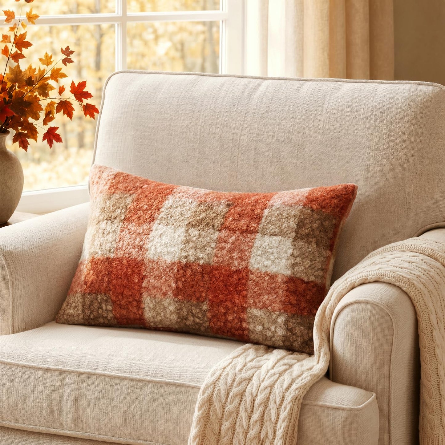 MIULEE Fall Plaid Pillow Covers 12x20 Inch Set of 2, Decorative Boucle Faux Fur Check Lumbar Throw Pillow Covers Fluffy Pillowcases for Farmhouse Living Room Sofa Bed Home Decor,Orange
