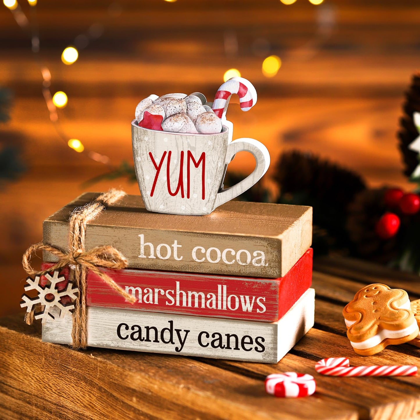 Anglechic 4 Pcs Christmas Table Decorations Winter Snowflake Tiered Tray Decorations Decorative Mini Wooden Books Subject Signs Block Centerpiece for Office Tabletop Shelf Housewarming Gifts