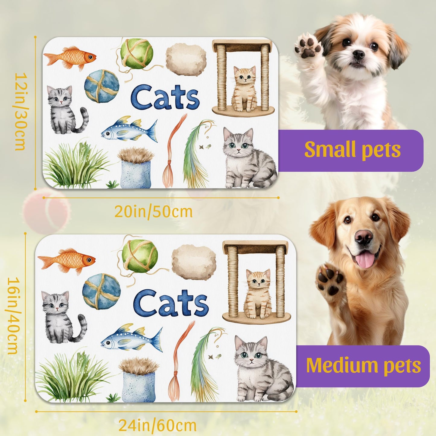 Cat Fun Pet Feeding Mat, Absorbent Bowl Pad for Dogs and Cats, Fast Dry, Non-Slip Back, Indoor Use – 12x20 Inch