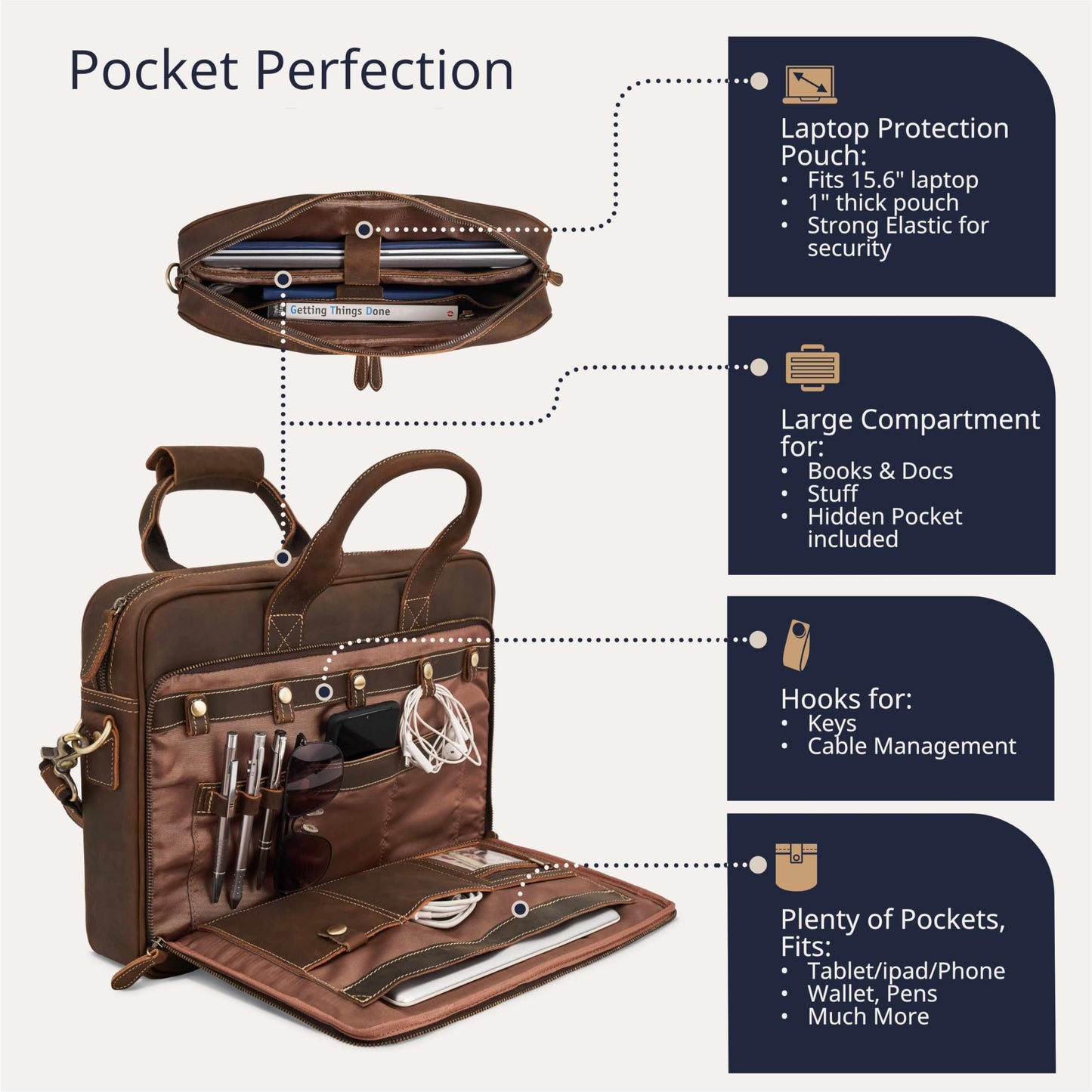 Luxorro Full Grain Leather Briefcase, Handcrafted Laptop Bag with Multiple Compartments, Fits 15.6 Inch Laptop