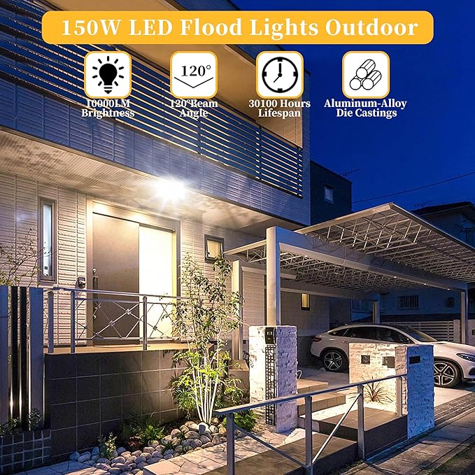 ADYENA 2 Pack 150W LED Flood Lights Outdoor, Plug in LED Work Light, 1500LM Super Bright Outdoor Lights, IP66 Waterproof 6000K Daylight White Floodlights for Garage Yard Garden Playground