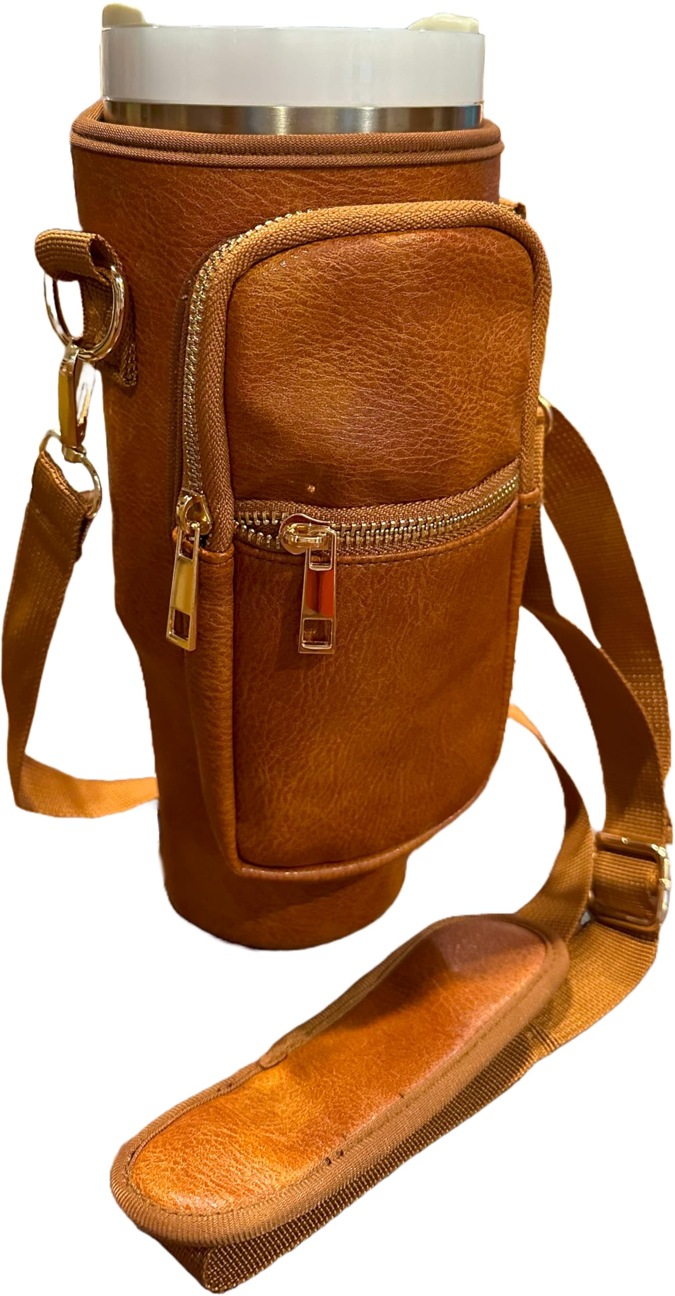 Resin & Reed Water Bottle Carrier Bag with Phone Wallet, Compatible with 40oz Stanley and Other Tumblers (Brown Pleather)