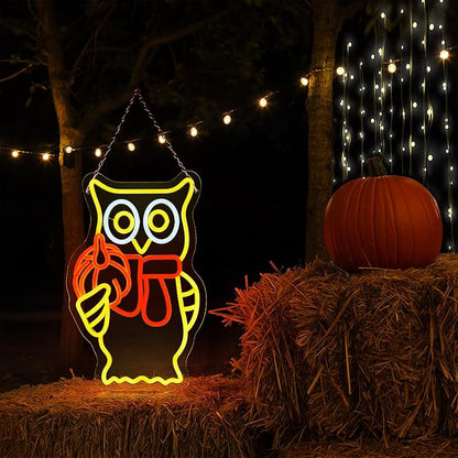 Hanna Roberts Owl Pumpkin Halloween Neon Sign for Window decor and Wall Decor, Brightness adjustable Pumpkin Led Light Up Signs for Children's Room, Bedroom, Bar,15"x8.66"
