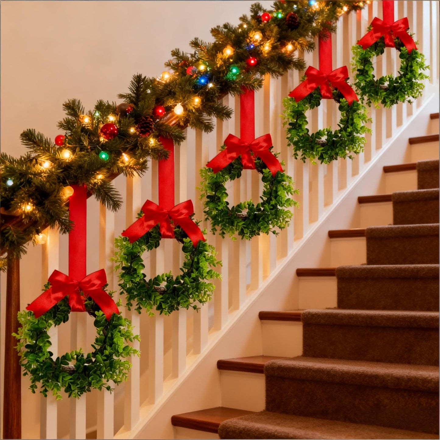 Canlierr 6 Pcs 8 Inch Christmas Kitchen Cabinet Wreaths with 31.5inch Ribbon Small Mini Christmas Wreath for Window Door Chair Wall Xmas Decoration(Fresh)