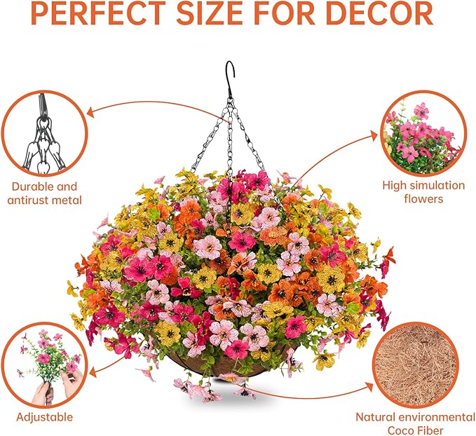 Artificial Fall Flowers with Hanging Baskets Outdoors for Decoration Faux mums for Outdoor planters Fake Mums Artificial Hanging Plants UV Resistant for Autumn Porch Home Patio Decor (Honey Gold)