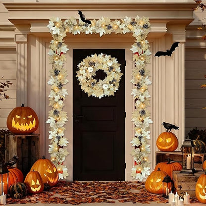 6 FT Realistic Fall Garland with Lights Timer Function Fall Leaves Maple Garland with Berries Pine Cones Autumn Automatic Fall Decorations for Home Mantle Fireplace Porch Table Decor
