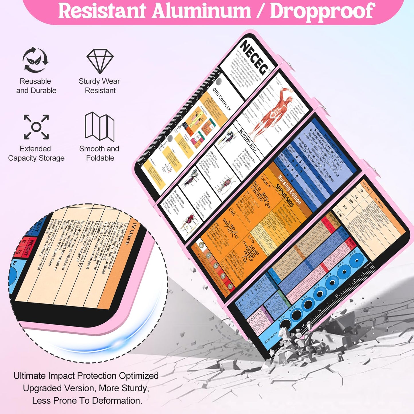 Nursing Clipboard Foldable-4 Layers Aluminum Nurse Foldable Clipboard Nursing Medical Edition Cheat Sheets, Pocket Size Pen Clip for Nurses Students School and Doctors-Pink