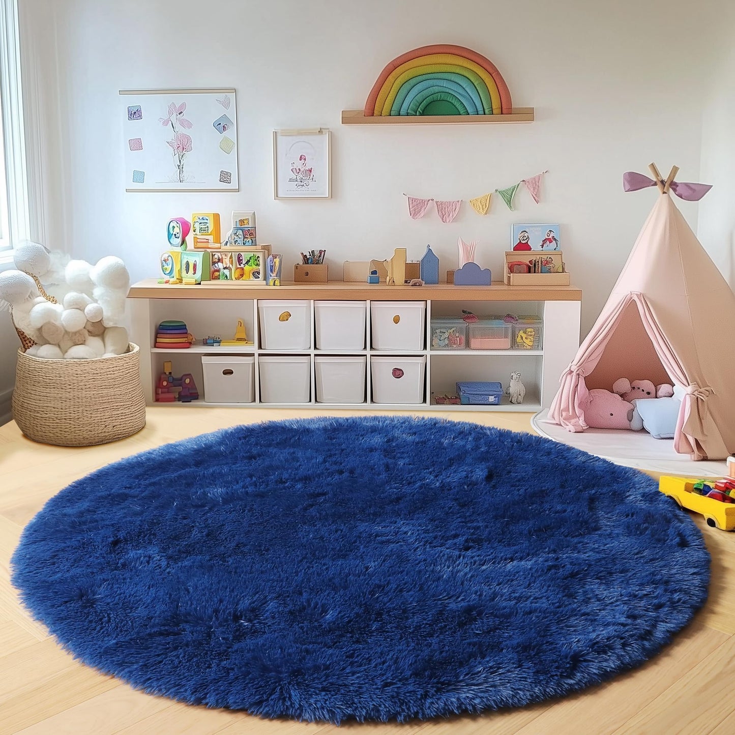 ONASAR Navy Blue Round Area Rug 4ft, Soft Bedroom Circle Rugs Floor Mat for Kids Girls Boys Teen Room, Fluffy Plush Shaggy Carpet for Baby Nursery Living Room Playroom Dorm Home Decor